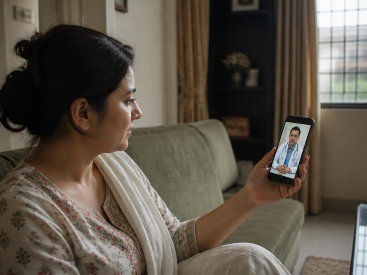 A woman at home on a video call with a doctor, on her phone